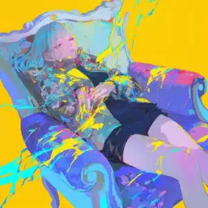 Person i trance-lignende tilstand i en farverig lænestol, symboliserer indre frigørelse og følelsesmæssig transformation under hypnose mod afhængighed.