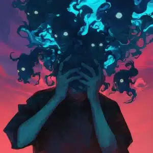 Illustration af en person overvældet af angst og mørke tanker, omgivet af surrealistiske skyggevæsener med øjne, der symboliserer mental overbelastning og uro.