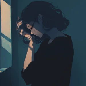 Illustration af en kvinde i mørke omgivelser, der udtrykker depression, symboliserende en søgen efter lys og lindring gennem hypnose.