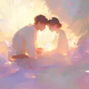 En varm, intim scene med to personer, der udstråler tillid, nærvær og blid kontakt – et visuelt udtryk for erotisk hypnose i trygge rammer.