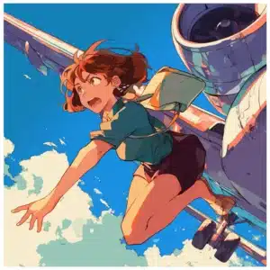 Illustration af en kvinde i panik i luften nær et fly, der symboliserer følelsen af flyskræk – til brug i artikel om hypnose mod flyskræk i Roskilde.