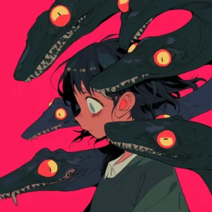 Person med stort frygtudtryk omringet af mørke slangehoveder med gule øjne – symbol på fobisk angst og indre trussel, relateret til hypnose mod fobier i Roskilde.