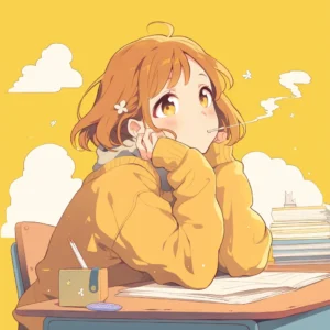 Illustration af en ung pige med koncentrationsbesvær, stirrende ud i luften ved et skrivebord med bøger – symbol på behovet for hypnose mod koncentrationsbesvær i Roskilde.