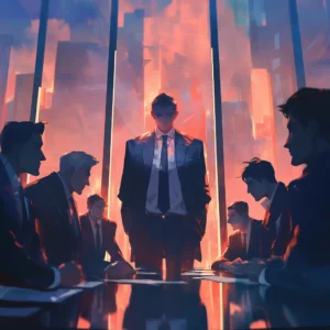 Illustration af leder i jakkesæt ved mødebord, oplyst af dramatisk lys, symboliserer fokus, autoritet og mental klarhed under pres – relateret til hypnose og lederskab.