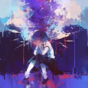 Illustration af en person i følelsesmæssig smerte, som symboliserer helingsprocessen gennem hypnose mod PTSD.