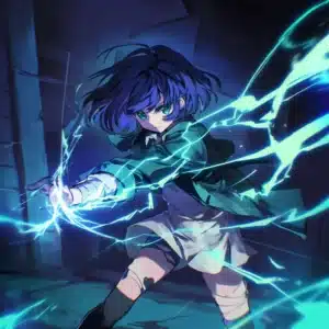 Illustration af fokuseret kvinde omgivet af energi og kraft, symbol på hypnose til præstationsforbedring, ro og styrke i Roskilde.