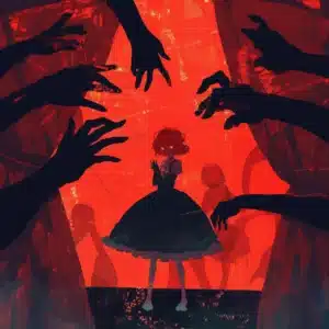 Person med sceneskræk står nervøst på en scene, omgivet af mørke hænder og stirrende publikum. Illustrerer frygten for at tale foran andre. Bruges på siden “Hypnose mod sceneskræk i Roskilde”.