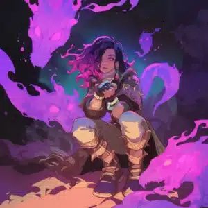 Ung kvinde omgivet af mørke og lilla former, med håb i blikket – symboliserer indre forandring med hypnose mod tristhed i Roskilde.