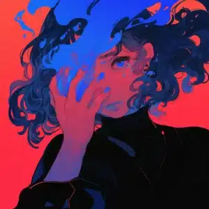 Illustration af kvinde med mørkt hår og blå maling over ansigtet, der udtrykker følelsesmæssig overbelastning – symbol på udbrændthed. Bruges til siden om hypnose mod udbrændthed i Roskilde.