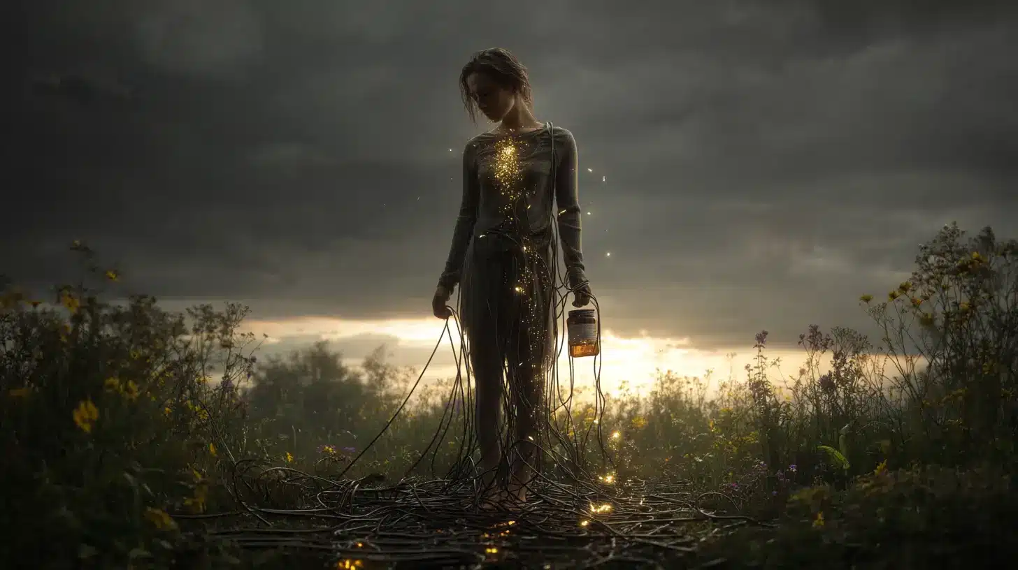 Kvinde i naturen omgivet af lysstråler, symbol på personlig transformation og støtte under hypnose udtrapning psykofarmaka Roskilde.