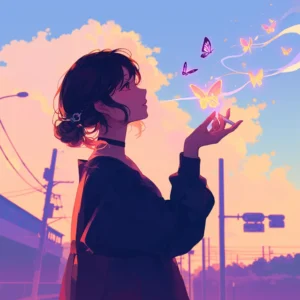 Illustration i anime-stil af en kvinde, der frigiver en opløst cigaret, som bliver til sommerfugle – symbol på rygestop og indre frihed med hypnose i Roskilde.