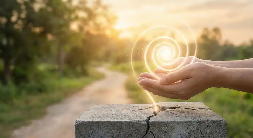 Hænder bærer lysende spiral som symbol på heling og alternativ til antidepressiv medicin